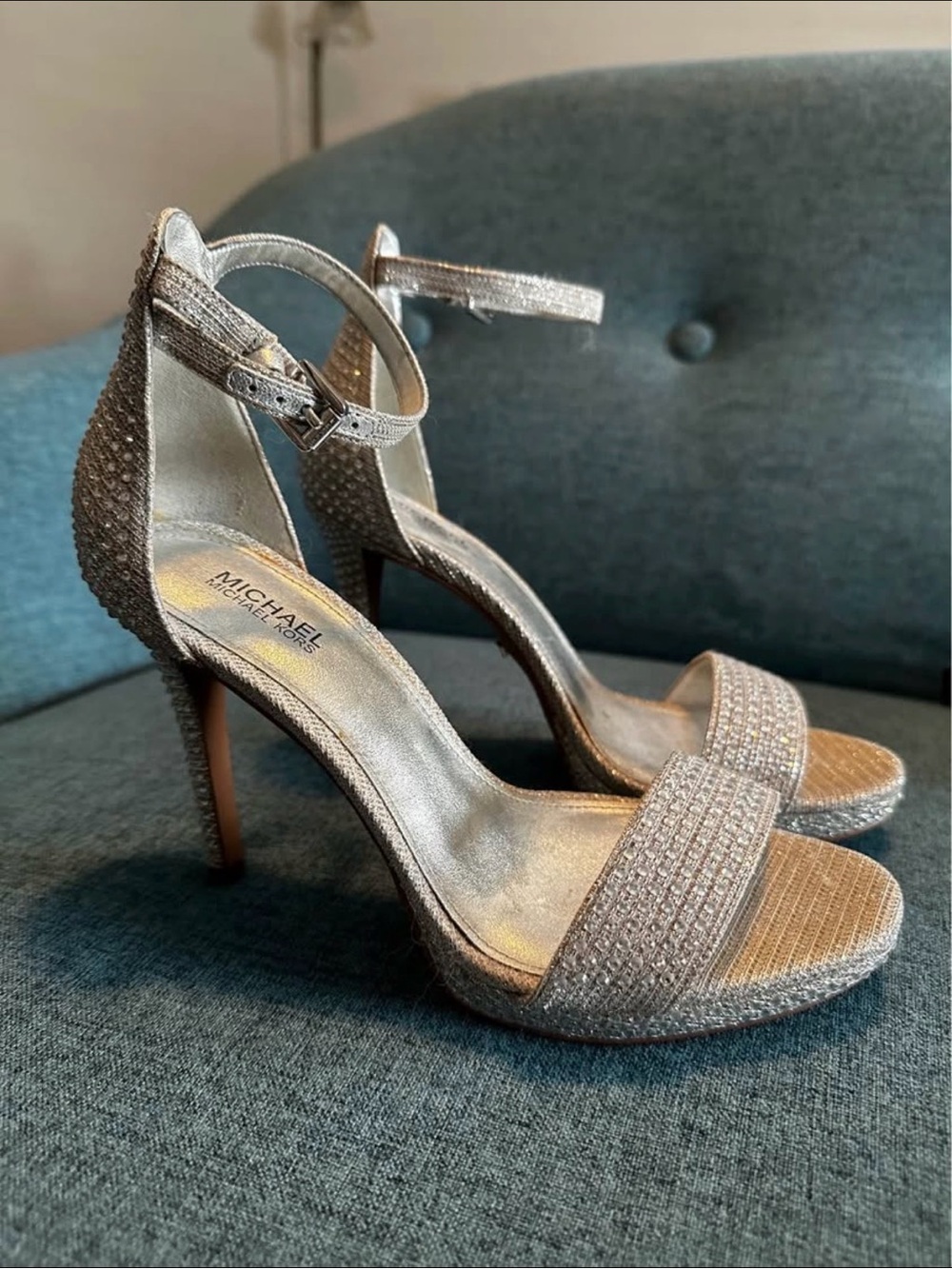 Michael Kors Silver Rhinestone Ankle-Strap Heels